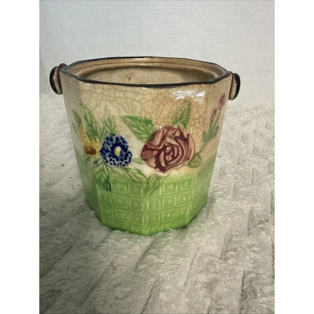 Vintage Handpainted Ceramic Cracker Biscuit Jar Rattan Basketweave Cottagecore